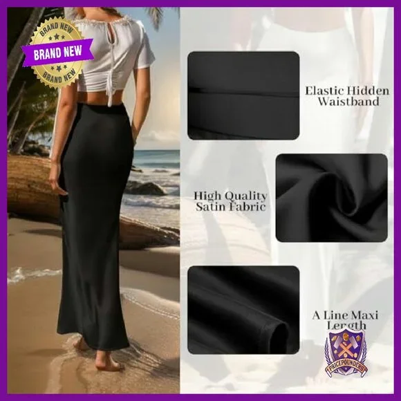 Satin High Waisted Maxi Skirt Hidden Elastic Waistband A-Line Long - Picture 5 of 8